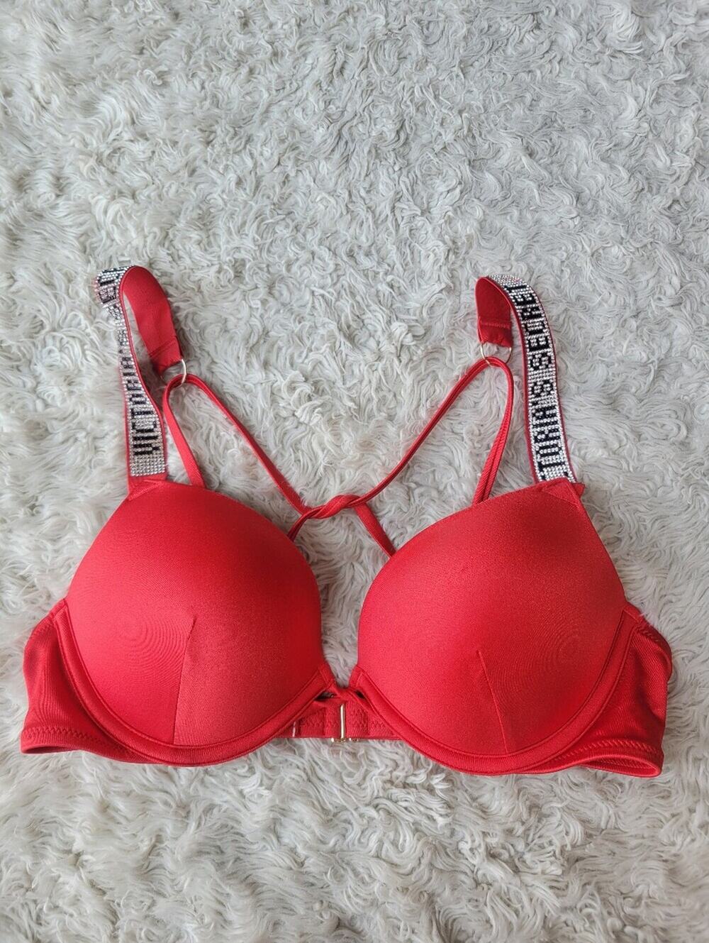 Victoria’s Secret Red Rhinestone Bombshell Bikini Swim Top Push Up 34B